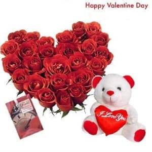 Heart Shaped Red Roses n Teddy